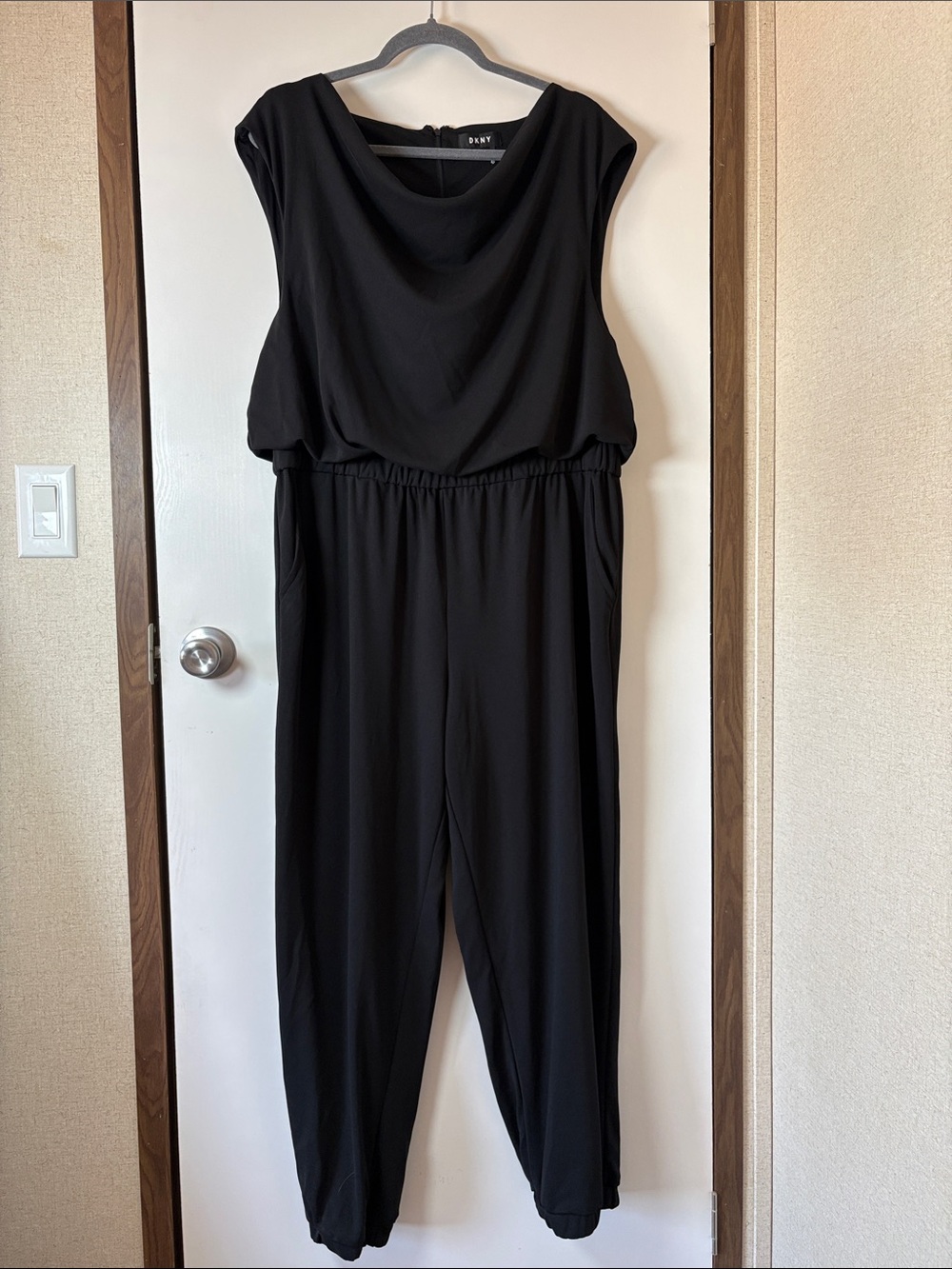 DKNY Black Cowl Neck Jogger Jumpsuit Draped Sleeveless One Piece Cocktail Office